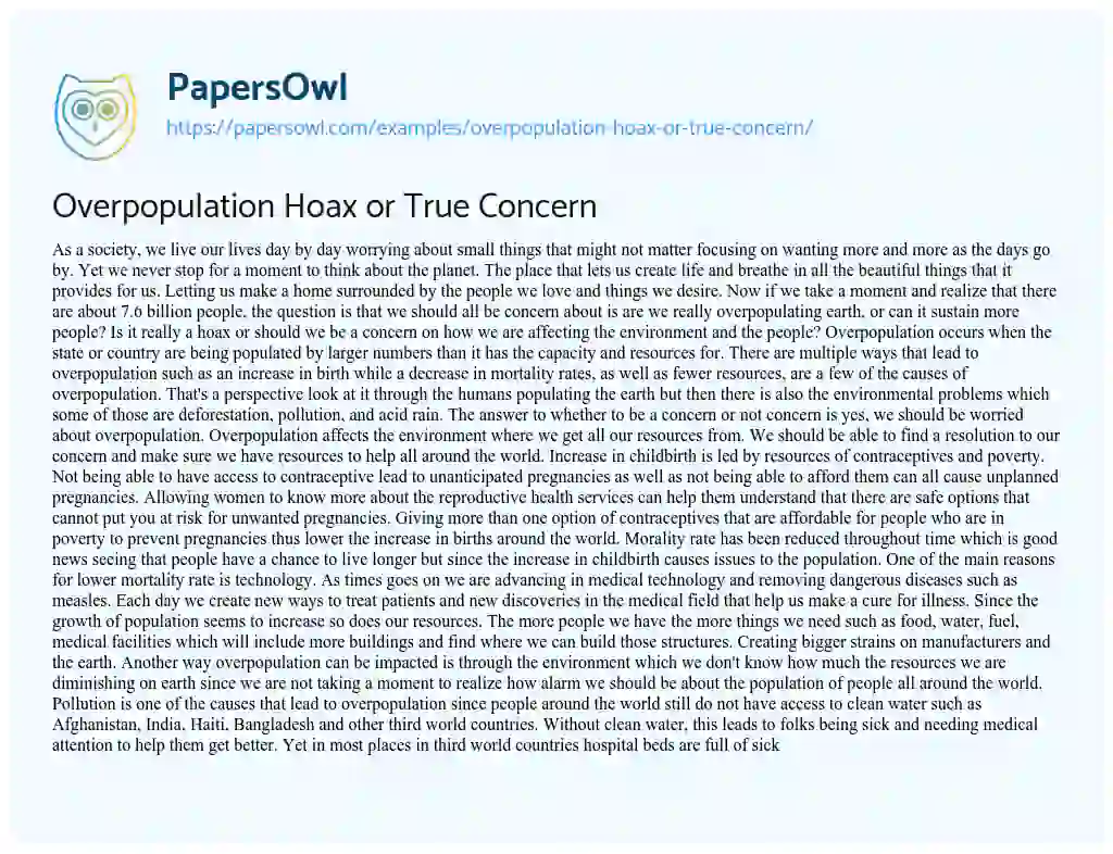 Essay on Overpopulation Hoax or True Concern