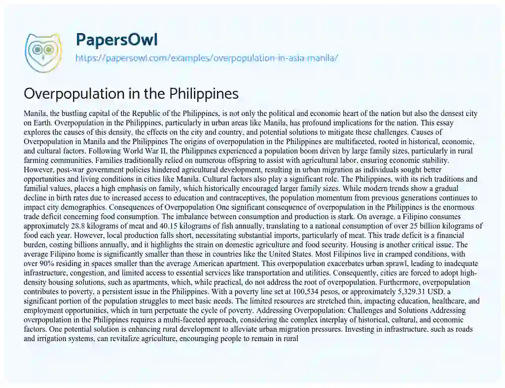 Essay on Overpopulation in Asia: Manila