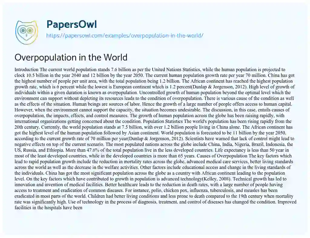 Essay on Overpopulation in the World