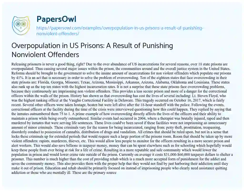 Overpopulation in US Prisons: a Result of Punishing Nonviolent Offenders essay