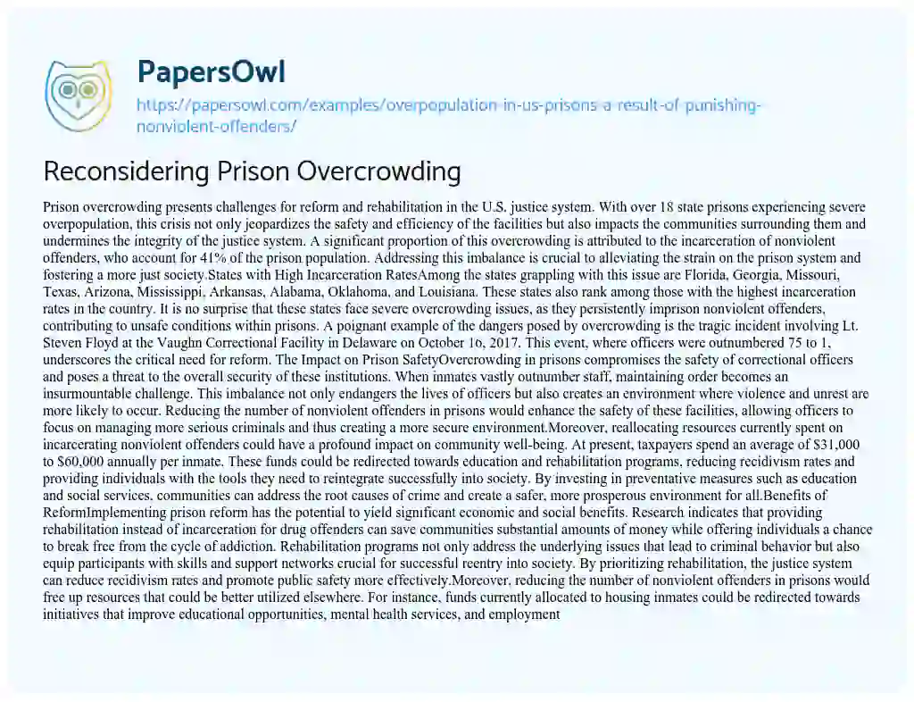 Essay on Overpopulation in US Prisons: a Result of Punishing Nonviolent Offenders