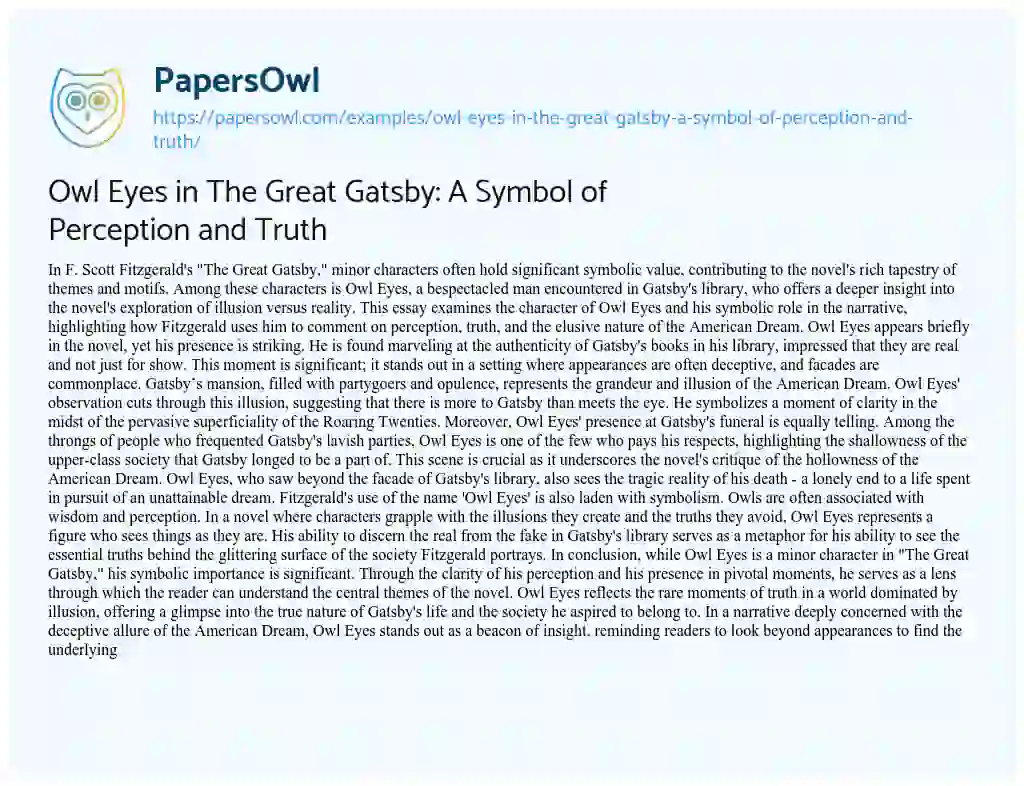 Essay on Owl Eyes in the Great Gatsby: a Symbol of Perception and Truth