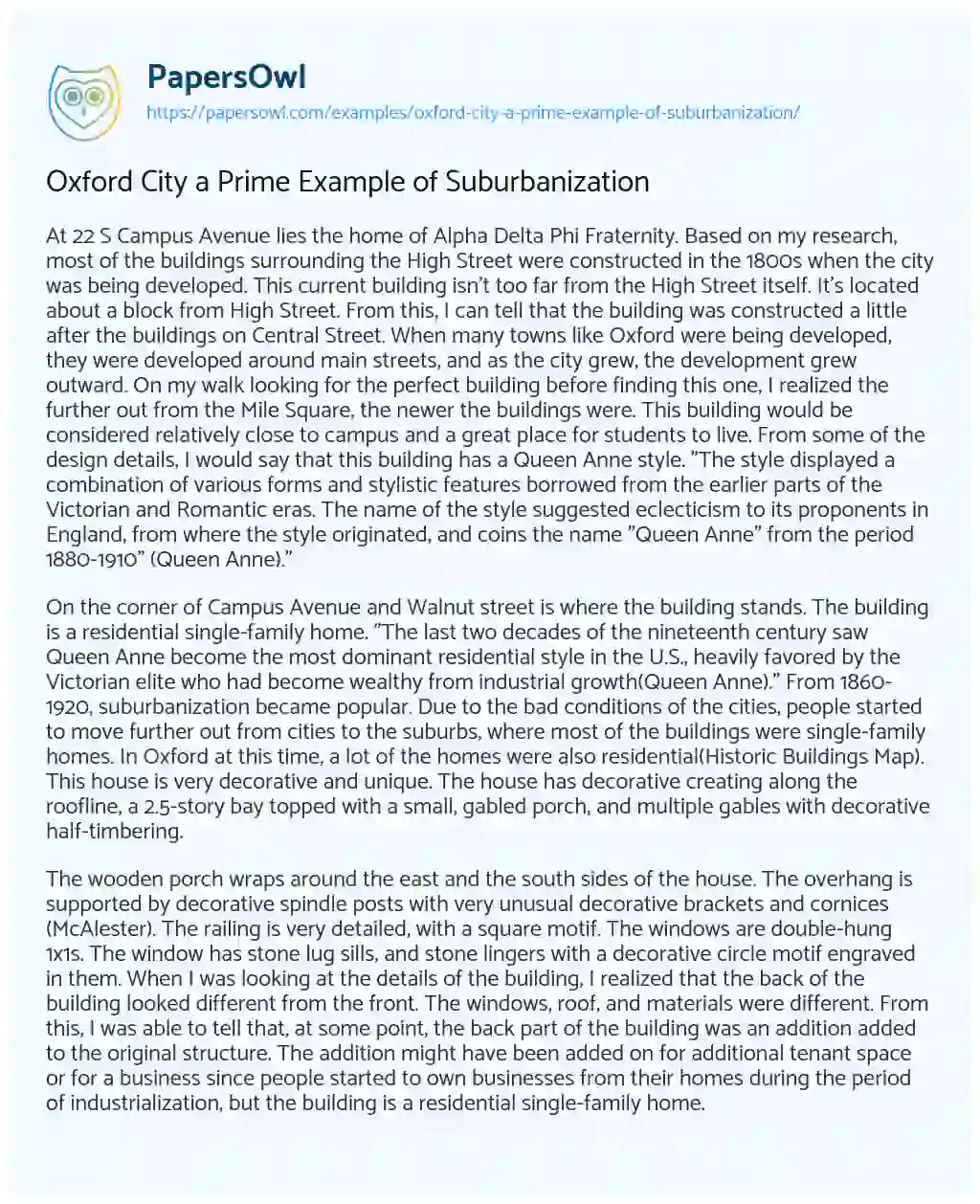 Essay on Oxford City a Prime Example of Suburbanization