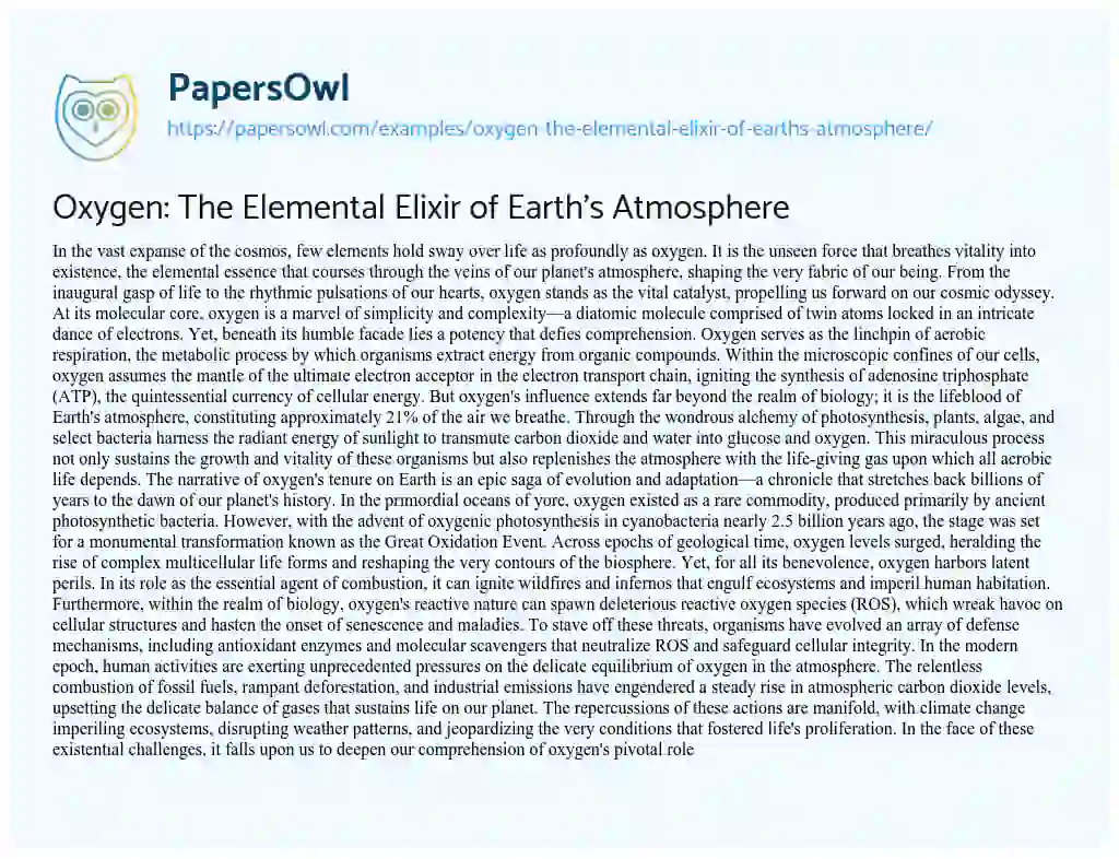 Essay on Oxygen: the Elemental Elixir of Earth’s Atmosphere