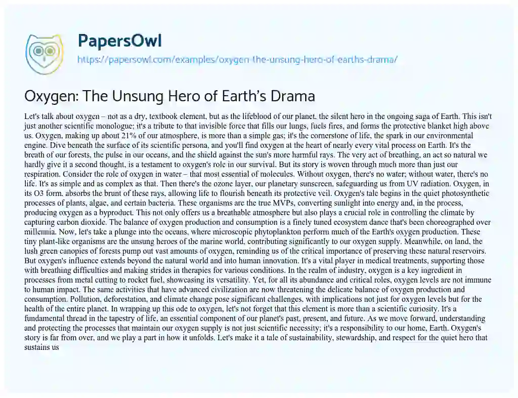 Essay on Oxygen: the Unsung Hero of Earth’s Drama