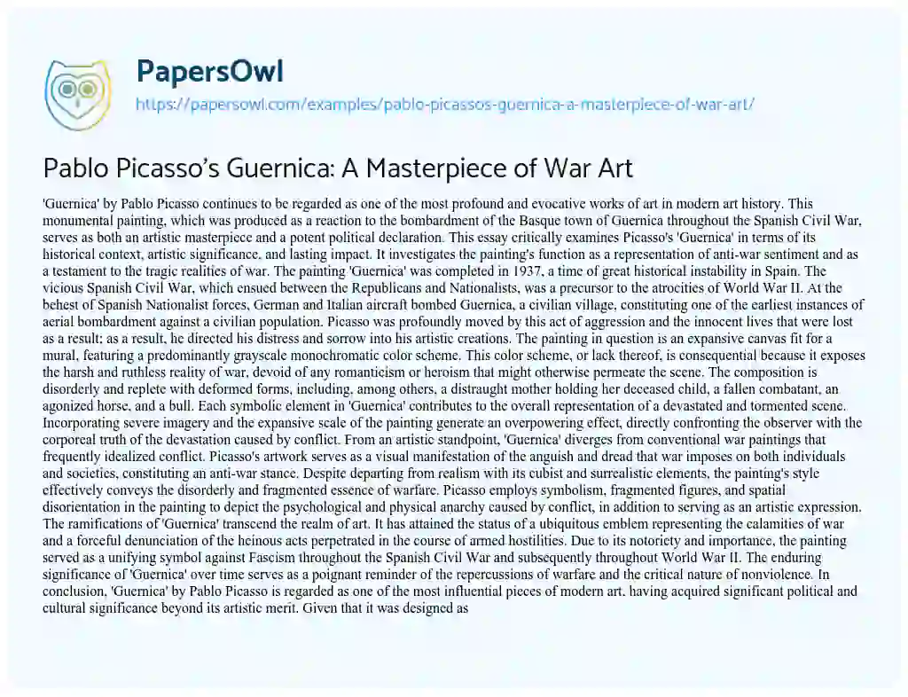 Essay on Pablo Picasso’s Guernica: a Masterpiece of War Art