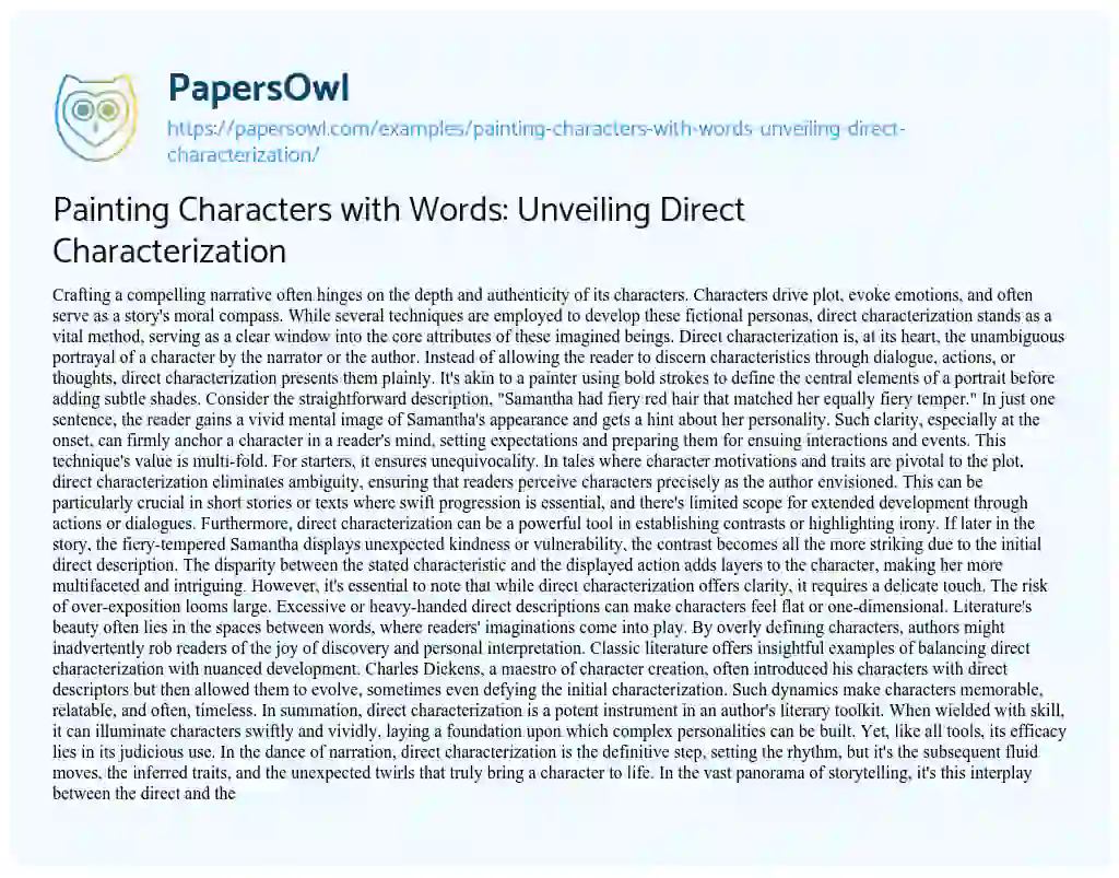 Essay on Painting Characters with Words: Unveiling Direct Characterization