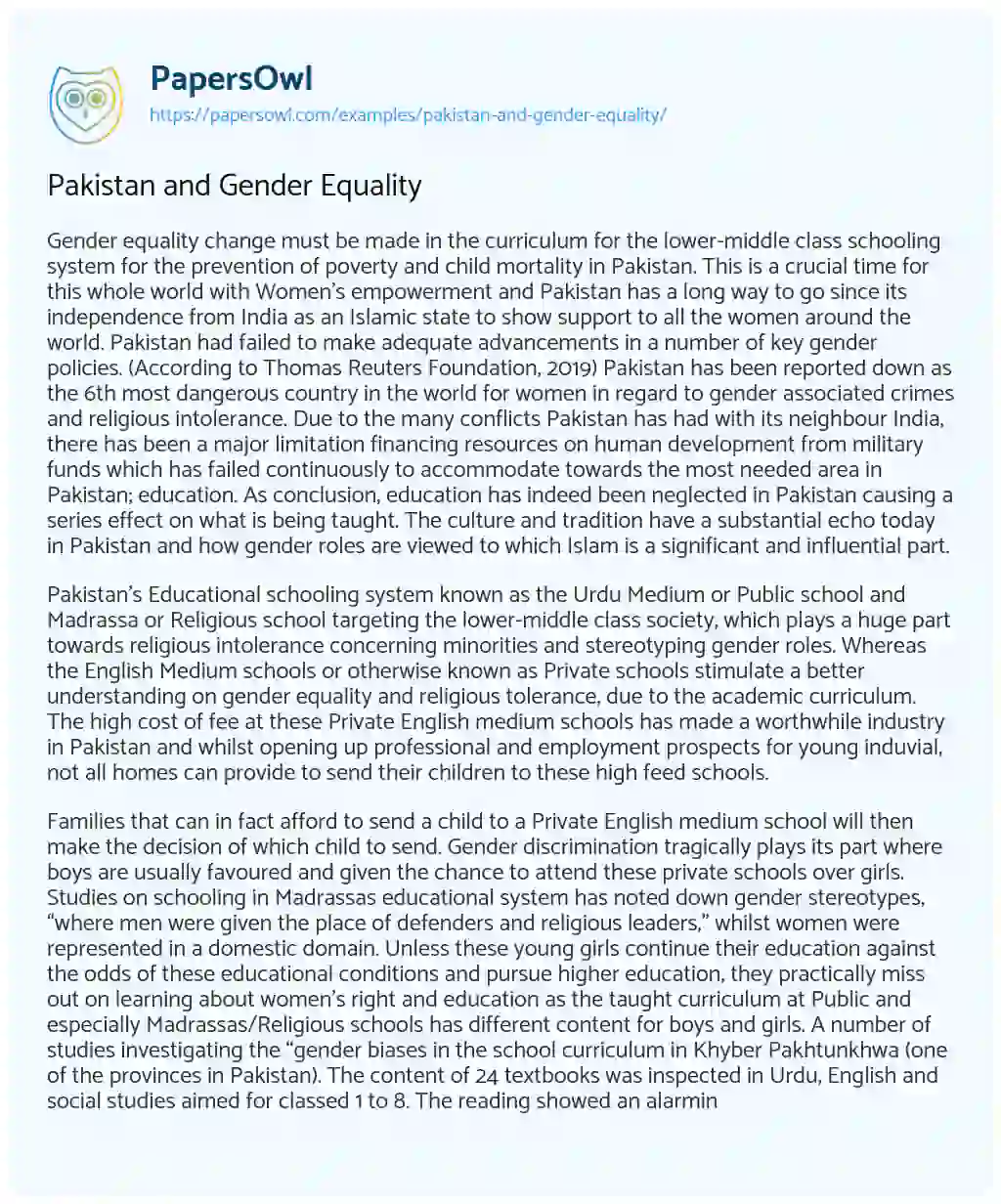 Pakistan and Gender Equality essay