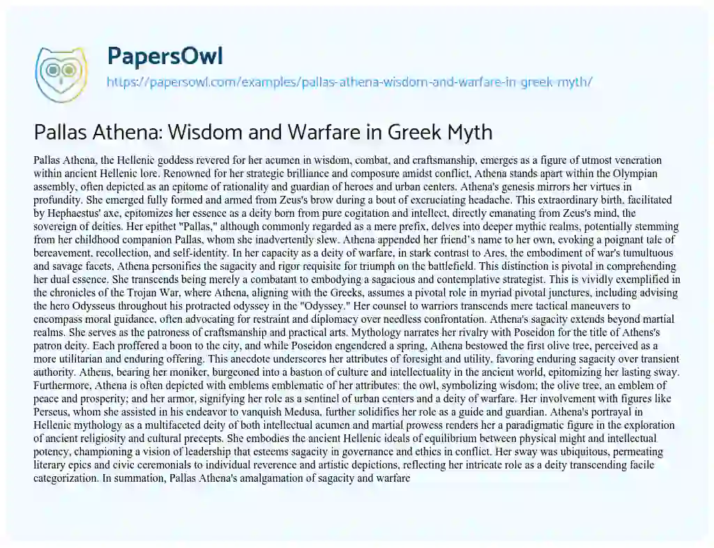Essay on Pallas Athena: Wisdom and Warfare in Greek Myth