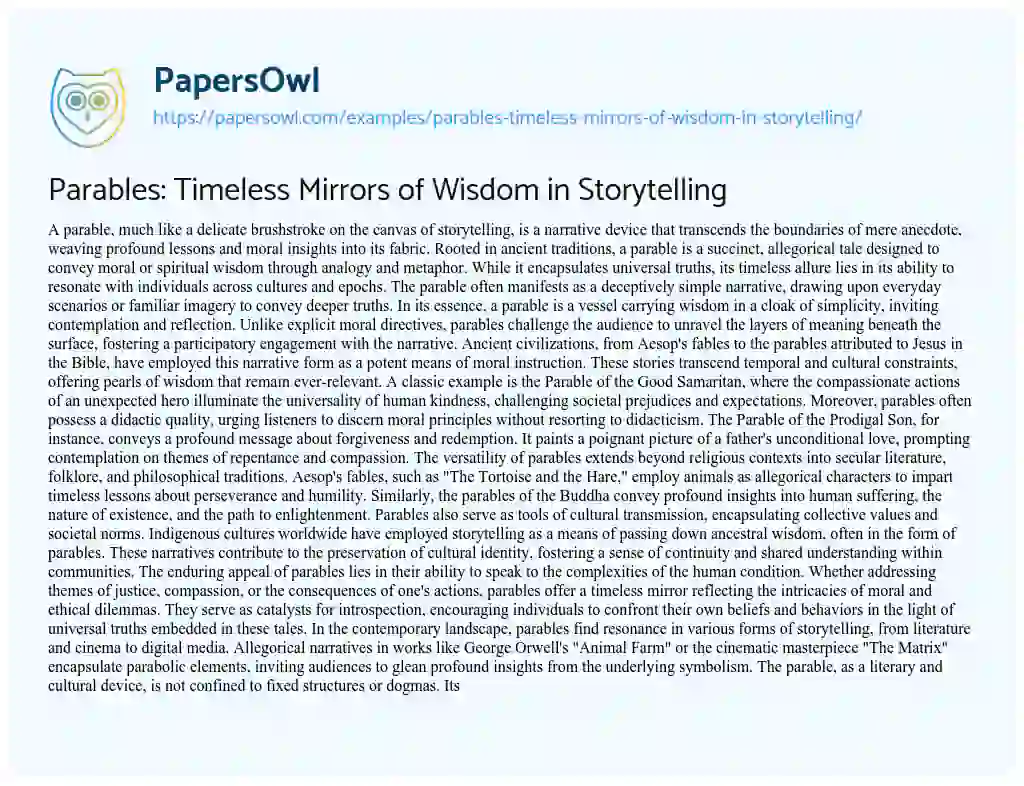 Essay on Parables: Timeless Mirrors of Wisdom in Storytelling