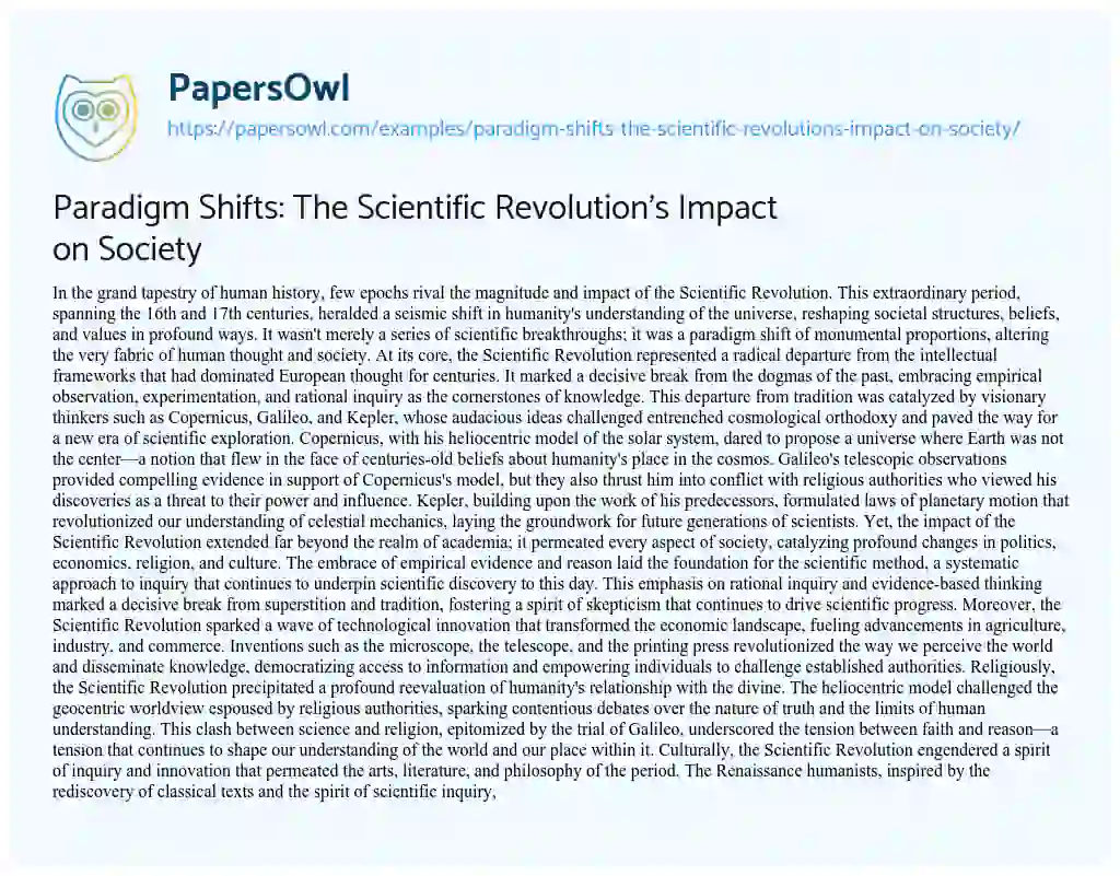 Essay on Paradigm Shifts: the Scientific Revolution’s Impact on Society