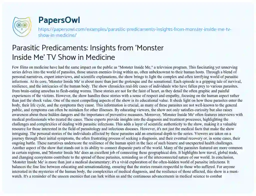 Essay on Parasitic Predicaments: Insights from ‘Monster Inside Me’ TV Show in Medicine