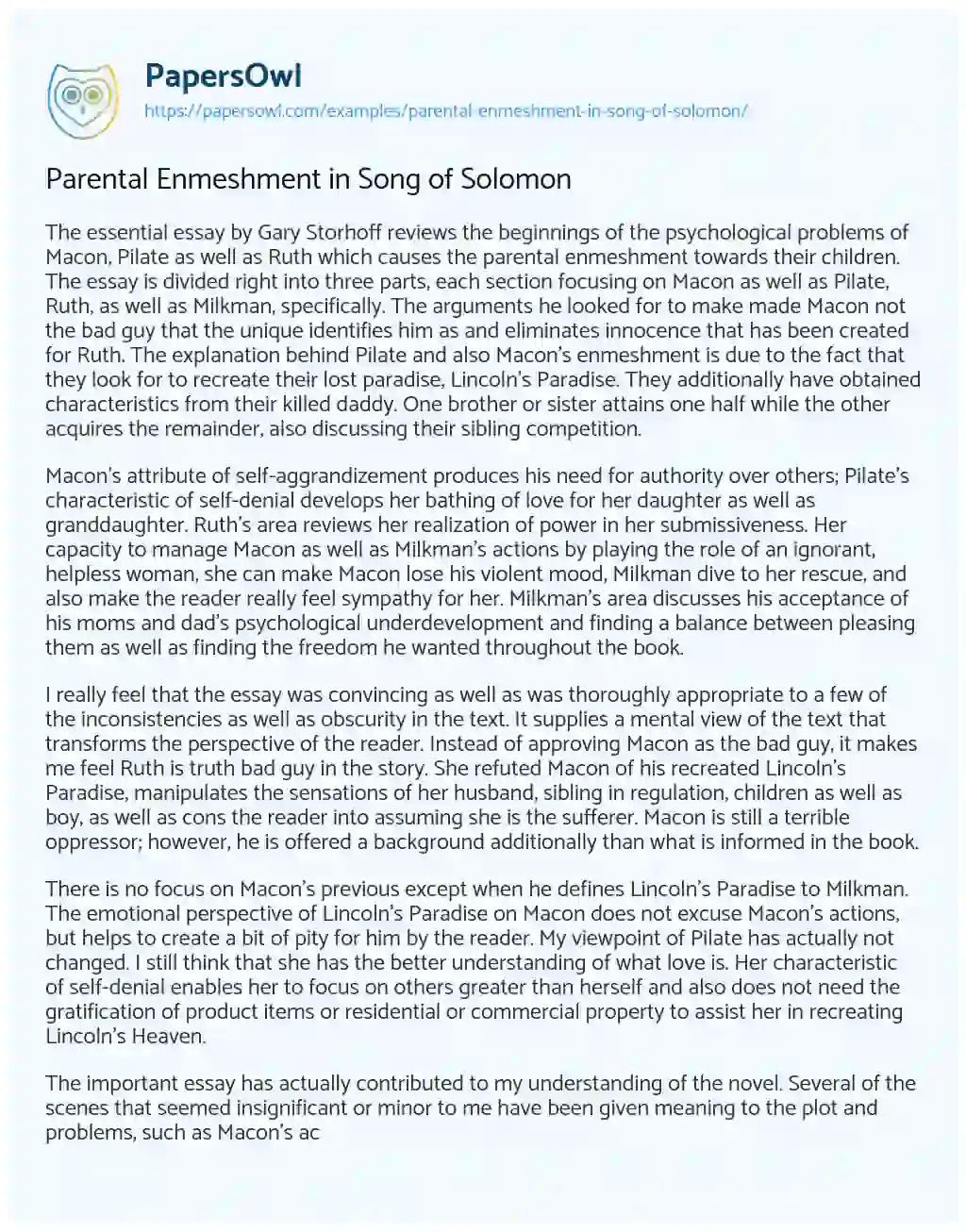 Essay on Parental Enmeshment in Song of Solomon