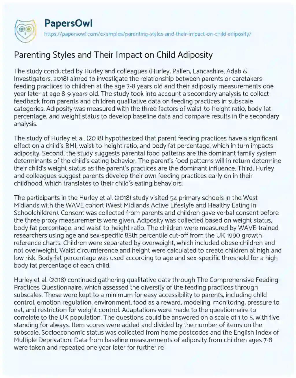 Essay on Parenting Styles and their Impact on Child Adiposity