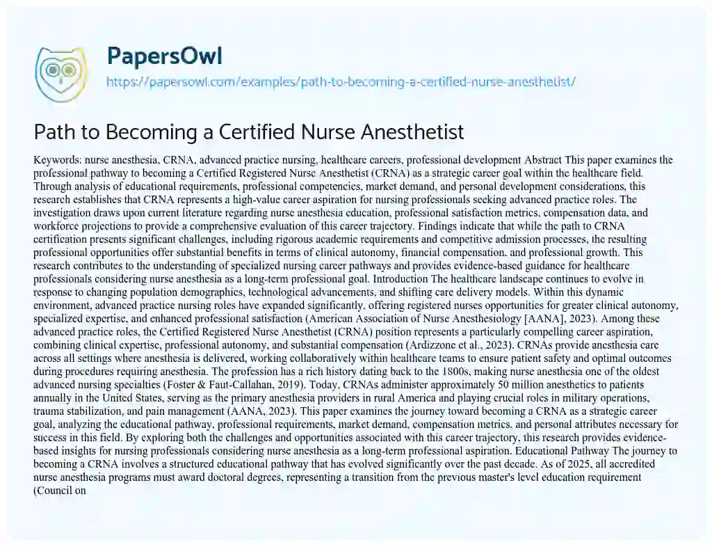 Essay on Path to Becoming a Certified Nurse Anesthetist
