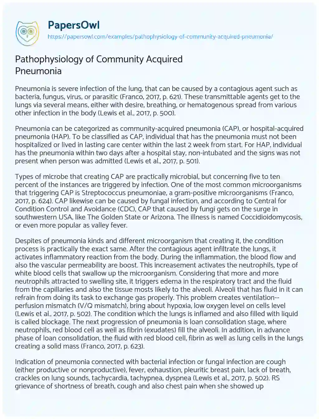 Pathophysiology of Community Acquired Pneumonia essay