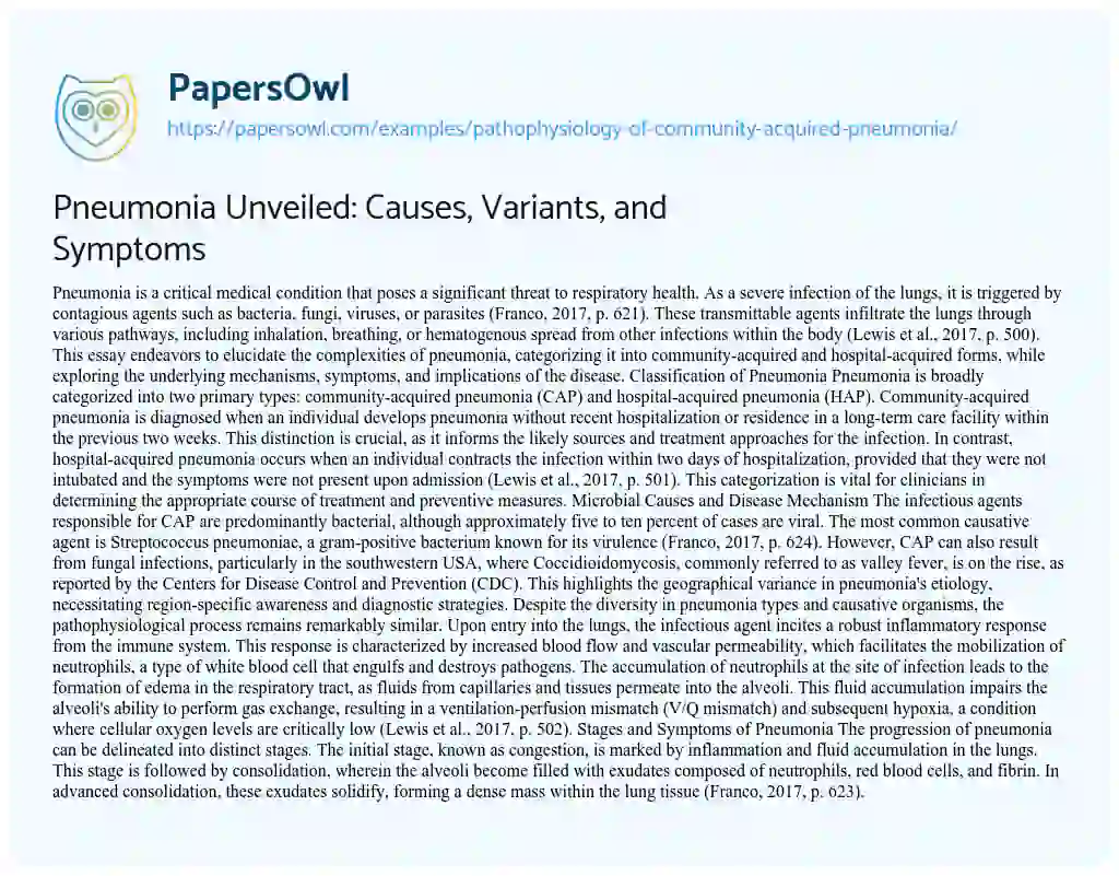 Essay on Pathophysiology of Community Acquired Pneumonia