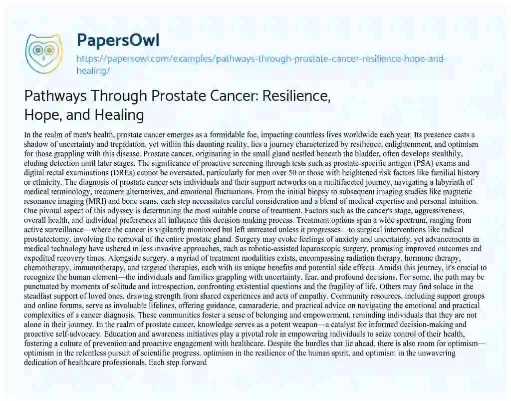 Essay on Pathways through Prostate Cancer: Resilience, Hope, and Healing