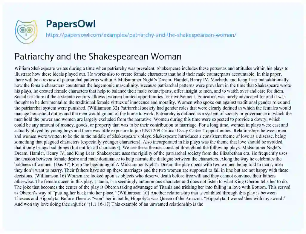 Essay on Patriarchy and the Shakespearean Woman