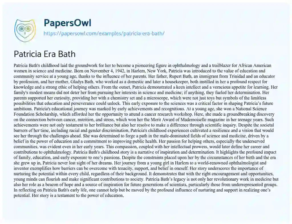 Essay on Patricia Era Bath