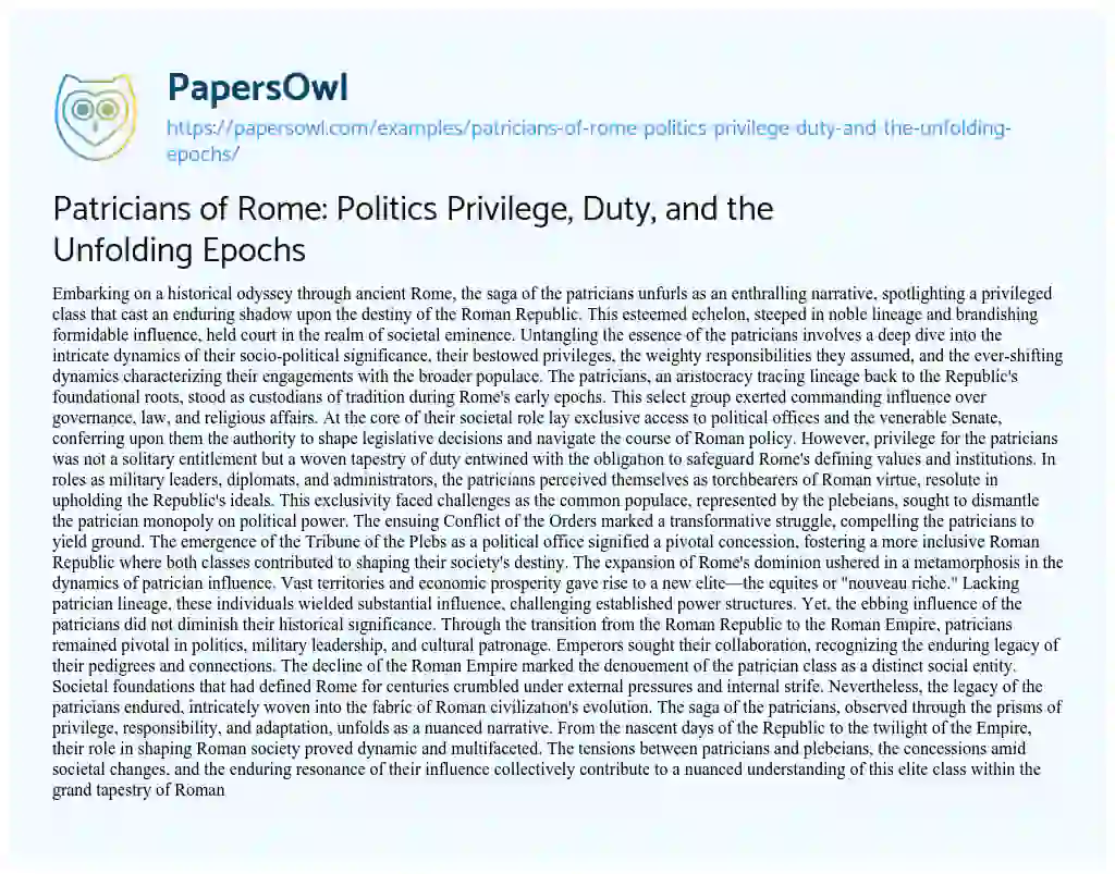 Essay on Patricians of Rome: Politics Privilege, Duty, and the Unfolding Epochs