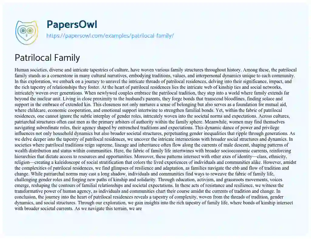 Essay on Patrilocal Family