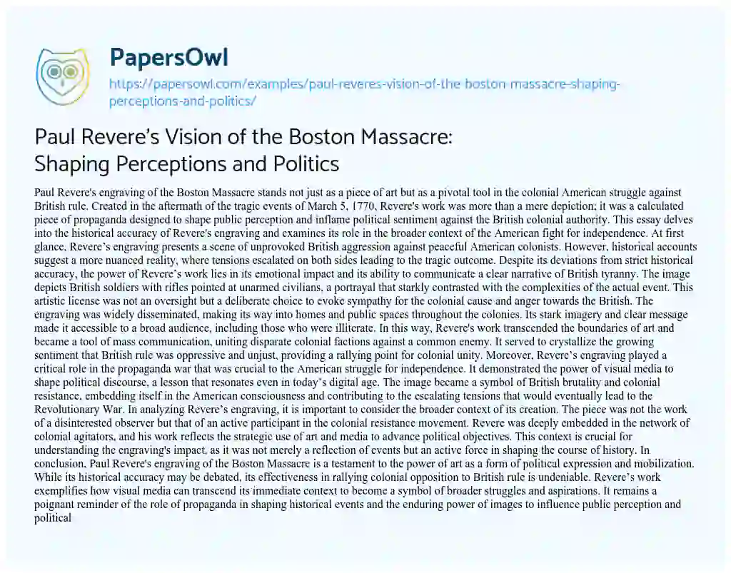 Essay on Paul Revere’s Vision of the Boston Massacre: Shaping Perceptions and Politics