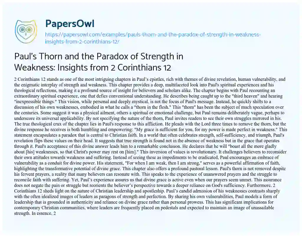 Essay on Paul’s Thorn and the Paradox of Strength in Weakness: Insights from 2 Corinthians 12