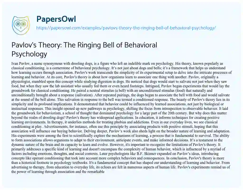 Essay on Pavlov’s Theory: the Ringing Bell of Behavioral Psychology
