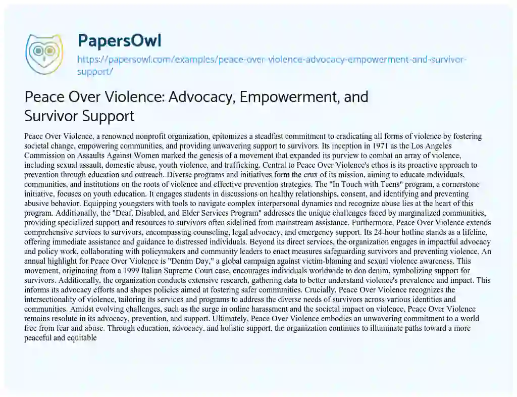 Essay on Peace over Violence: Advocacy, Empowerment, and Survivor Support