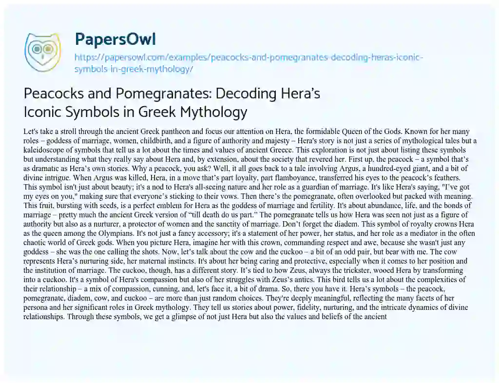 Essay on Peacocks and Pomegranates: Decoding Hera’s Iconic Symbols in Greek Mythology