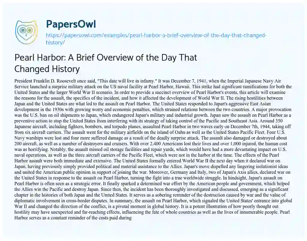 Essay on Pearl Harbor: a Brief Overview of the Day that Changed History
