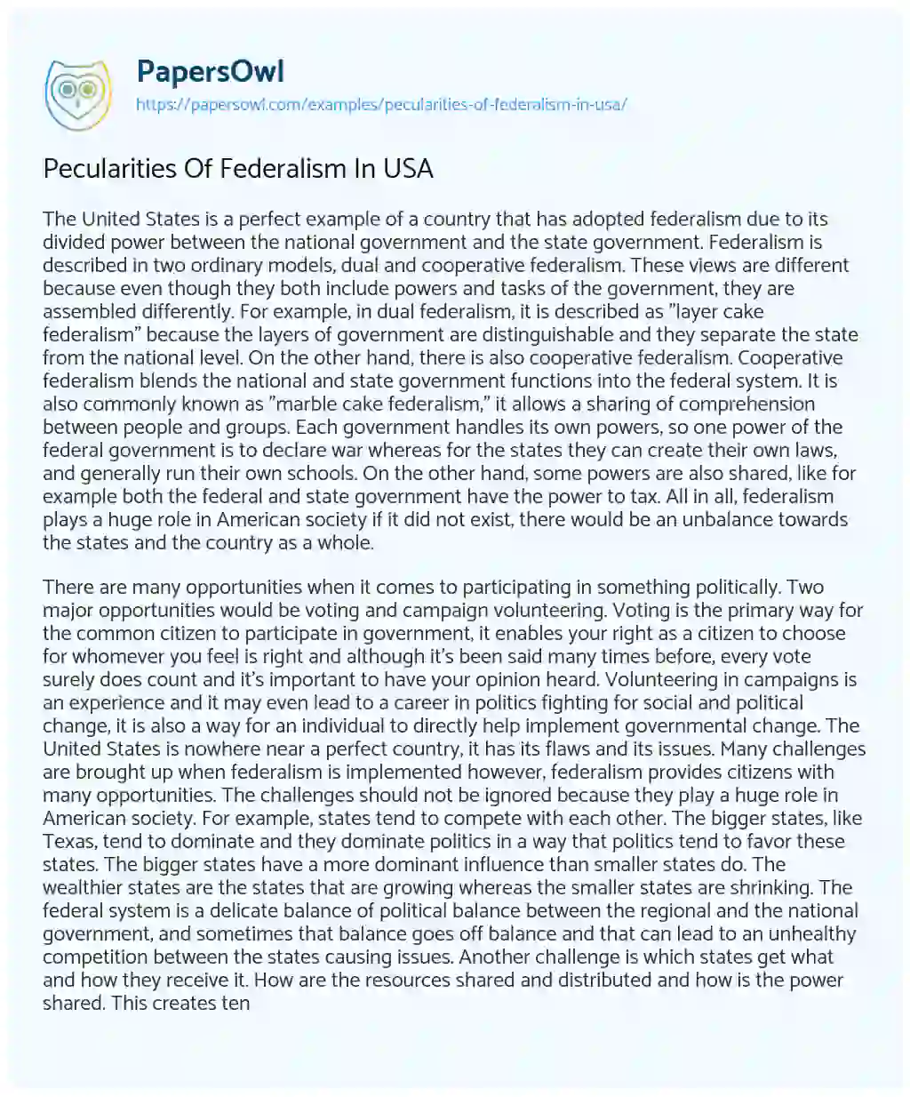 Essay on Pecularities of Federalism in USA