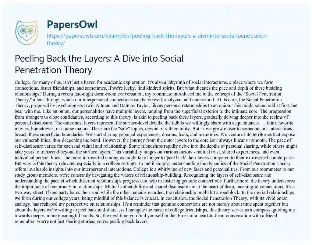 Essay on Peeling Back the Layers: a Dive into Social Penetration Theory