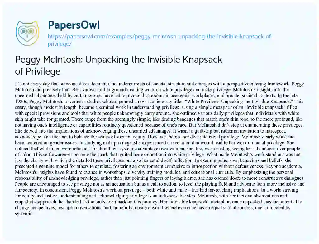Essay on Peggy McIntosh: Unpacking the Invisible Knapsack of Privilege