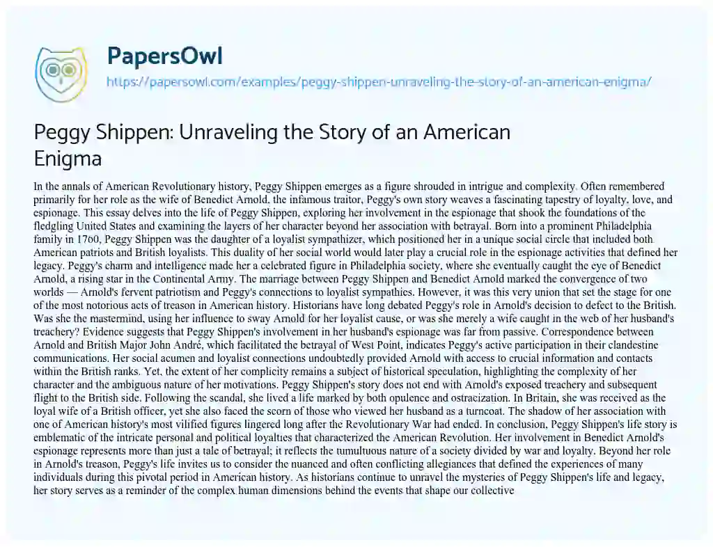 Essay on Peggy Shippen: Unraveling the Story of an American Enigma