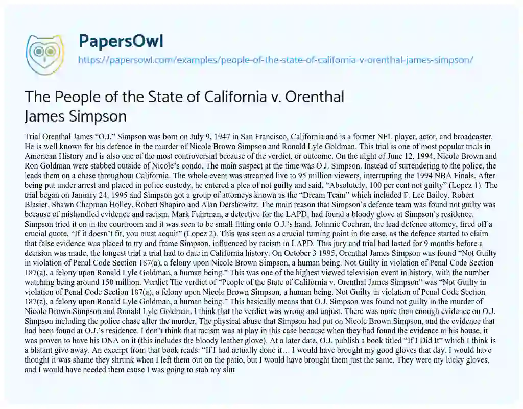 Essay on The People of the State of California V. Orenthal James Simpson