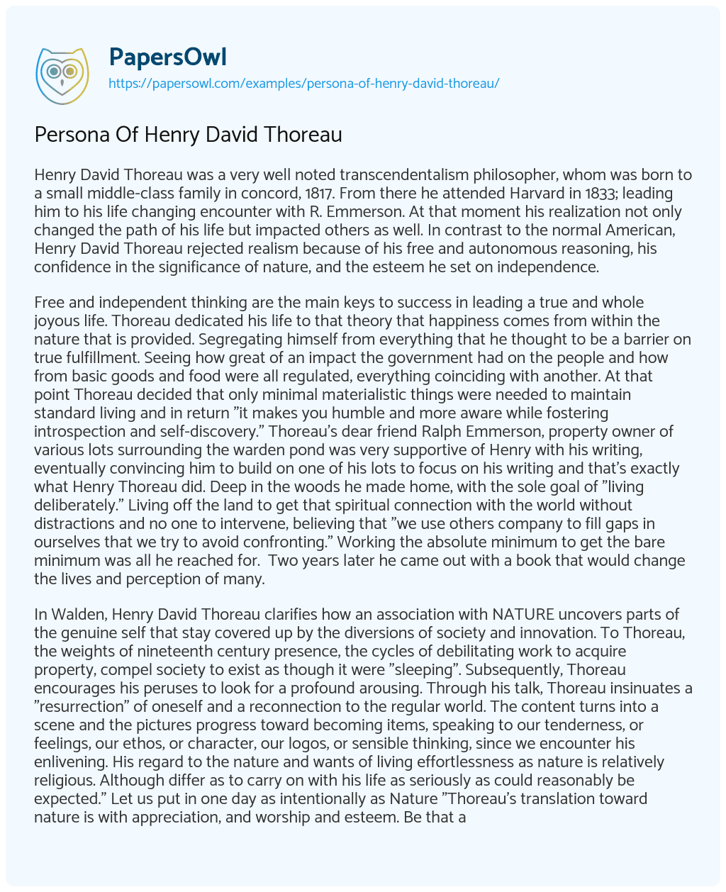 Essay on Persona of Henry David Thoreau