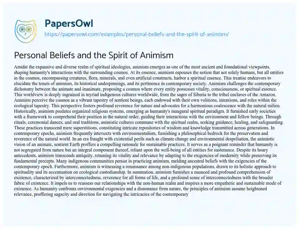 Essay on Personal Beliefs and the Spirit of Animism