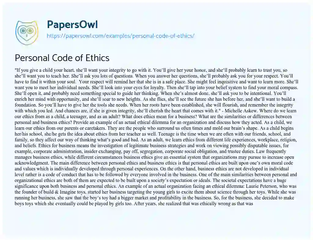 Essay on Personal Code of Ethics