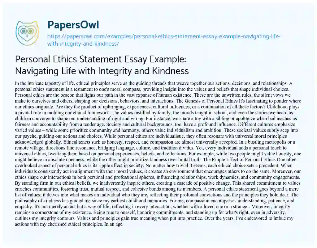 Essay on Personal Ethics Statement Essay Example: Navigating Life with Integrity and Kindness