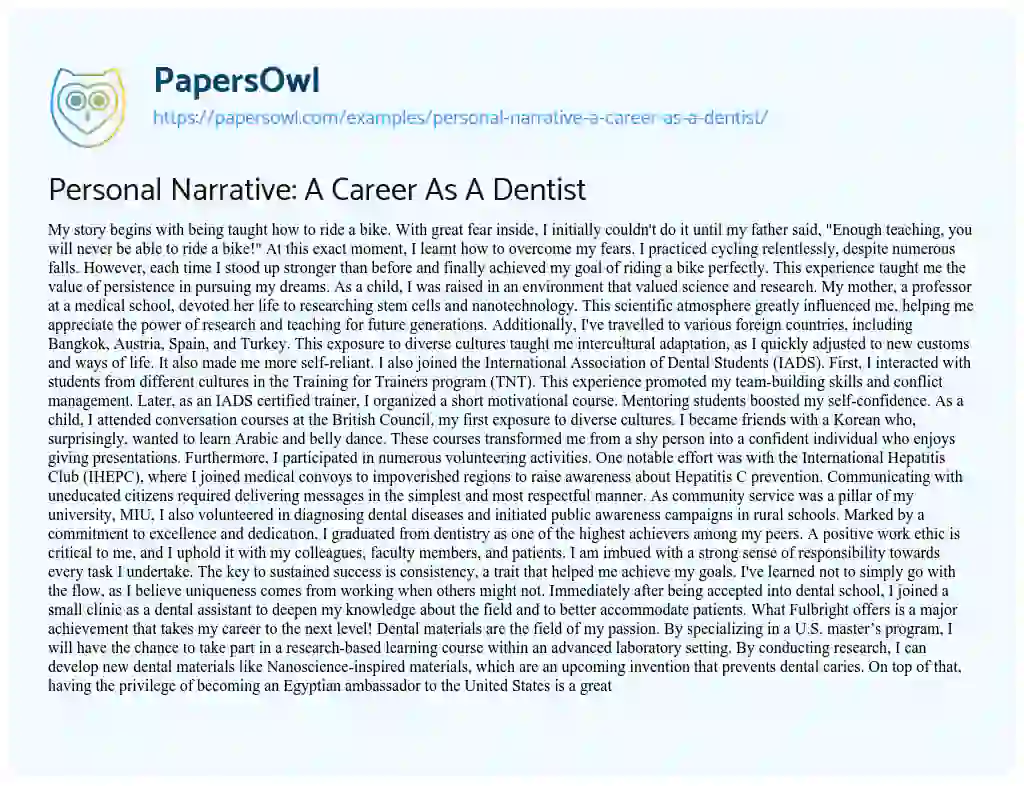 Essay on Personal Narrative: a Career as a Dentist