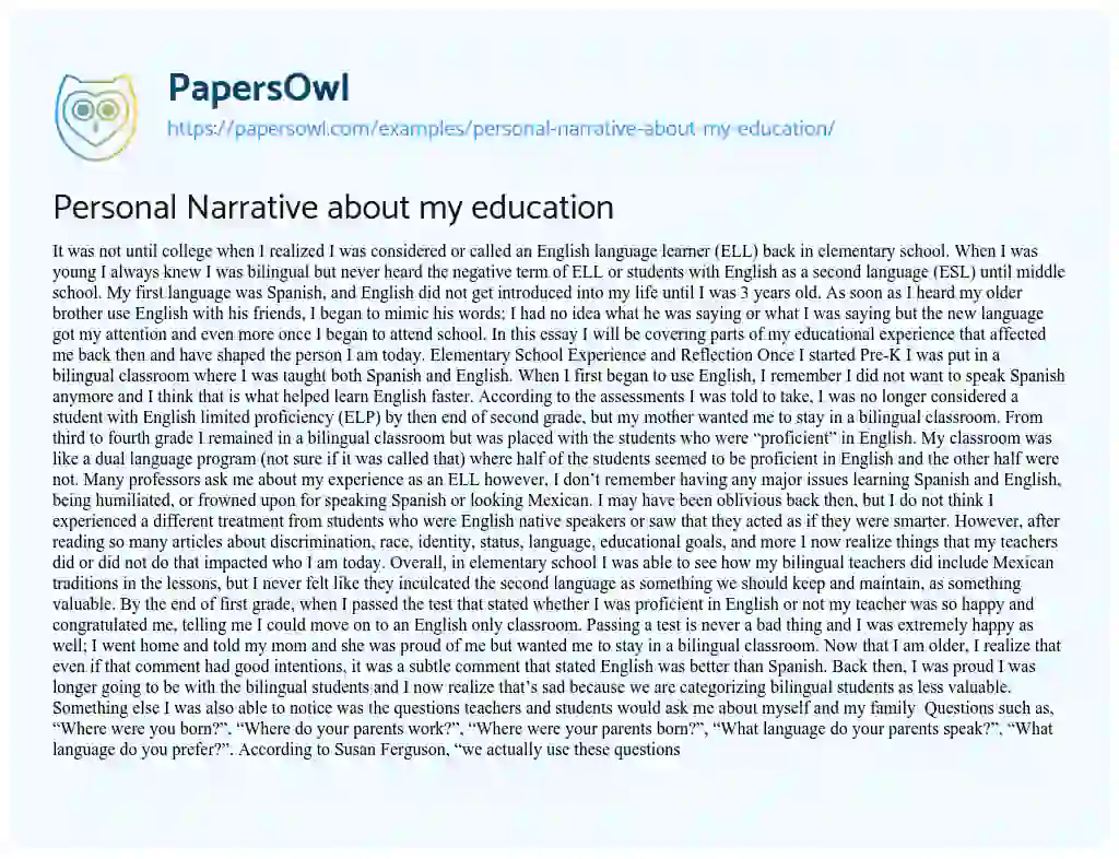 Essay on Personal Narrative about my Education