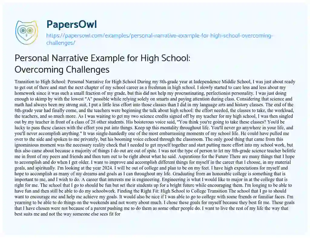 Essay on Personal Narrative Example for High School: Overcoming Challenges