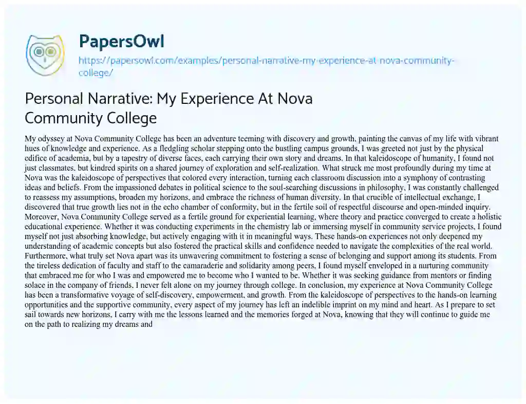 Essay on Personal Narrative: my Experience at Nova Community College