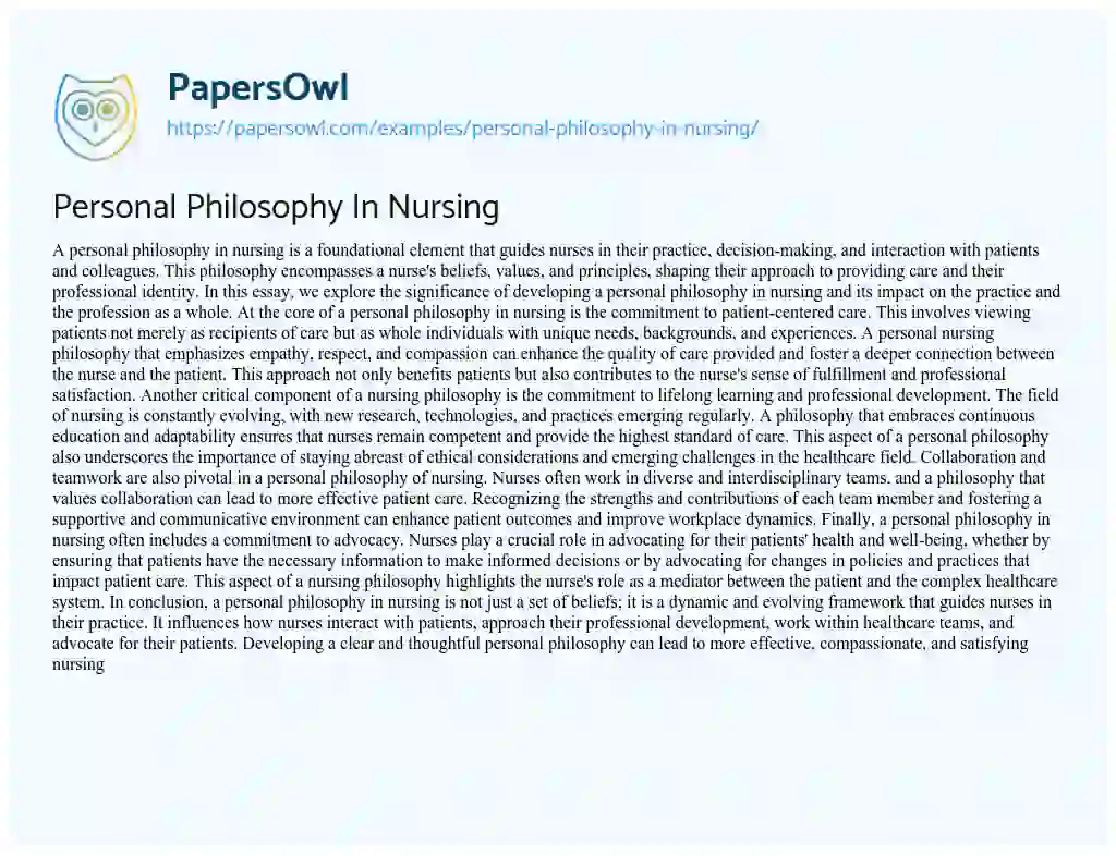 Essay on Personal Philosophy in Nursing