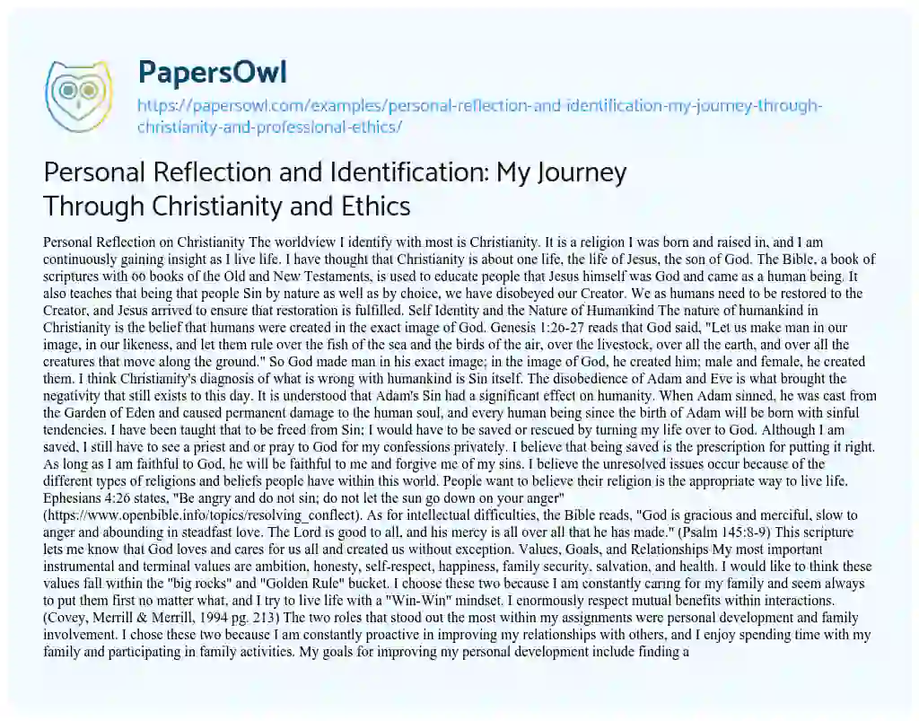 Essay on Personal Reflection and Identification: my Journey through Christianity and Ethics