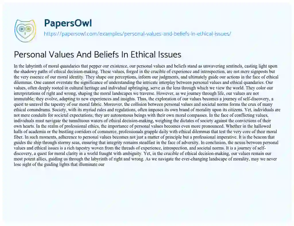 Essay on Personal Values and Beliefs in Ethical Issues