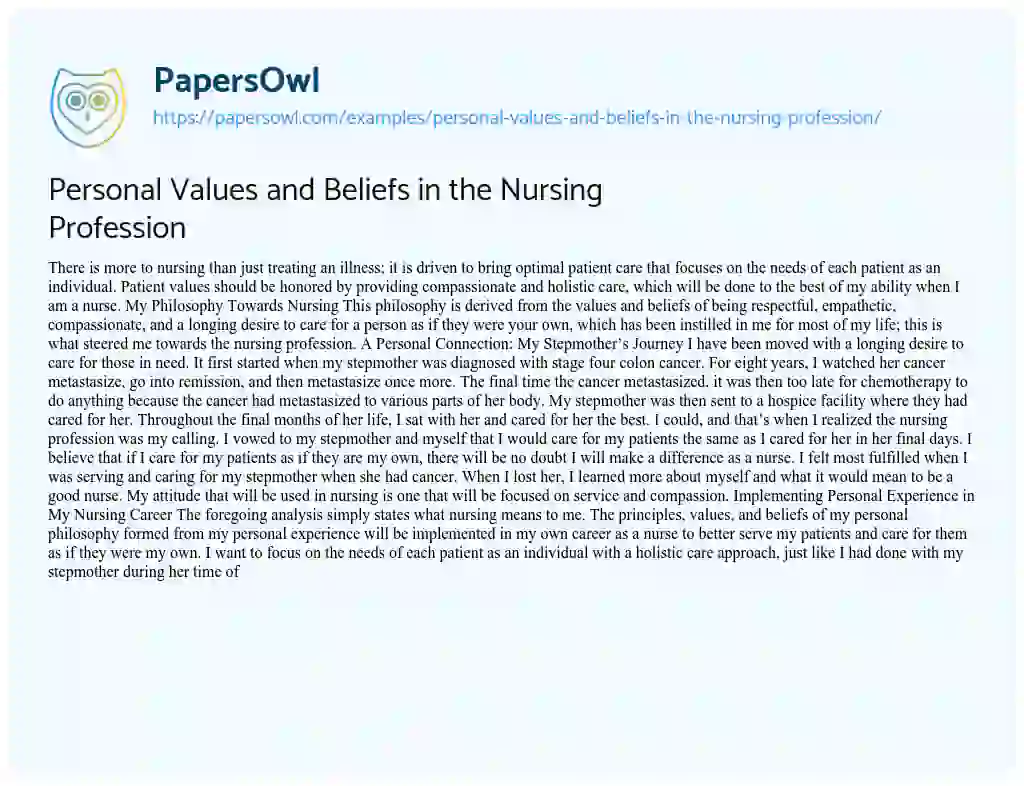 Essay on Personal Values and Beliefs in the Nursing Profession