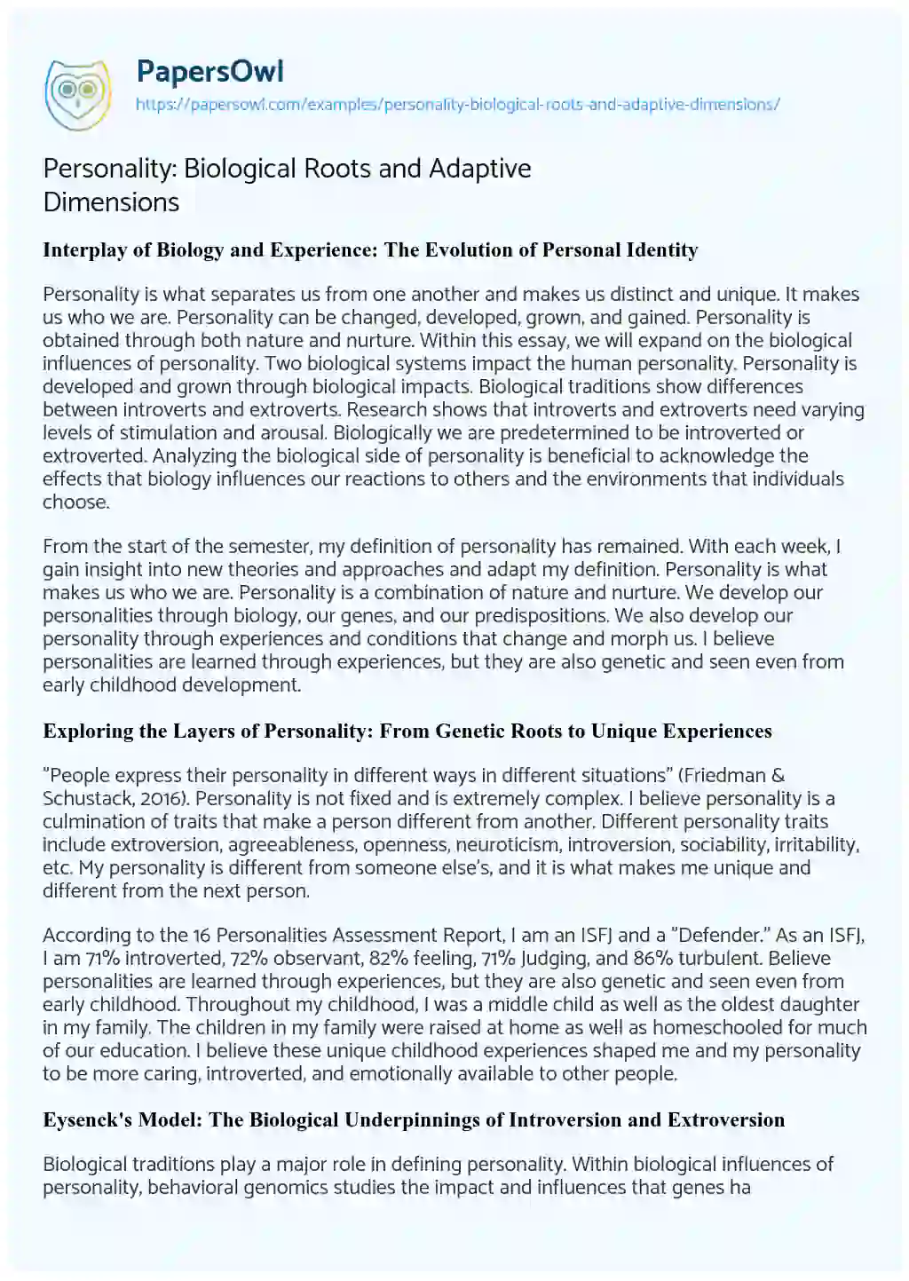 Essay on Personality: Biological Roots and Adaptive Dimensions
